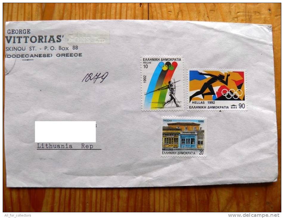 Cover Sent From Greece To Lithuania On 1992, Olympic Games, Sport Javelin Athletics - Storia Postale