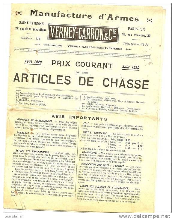 MANUFACTURE D ARMES VERNEY CARRON ET CIE AOUT 1920 - Chasse/Pêche