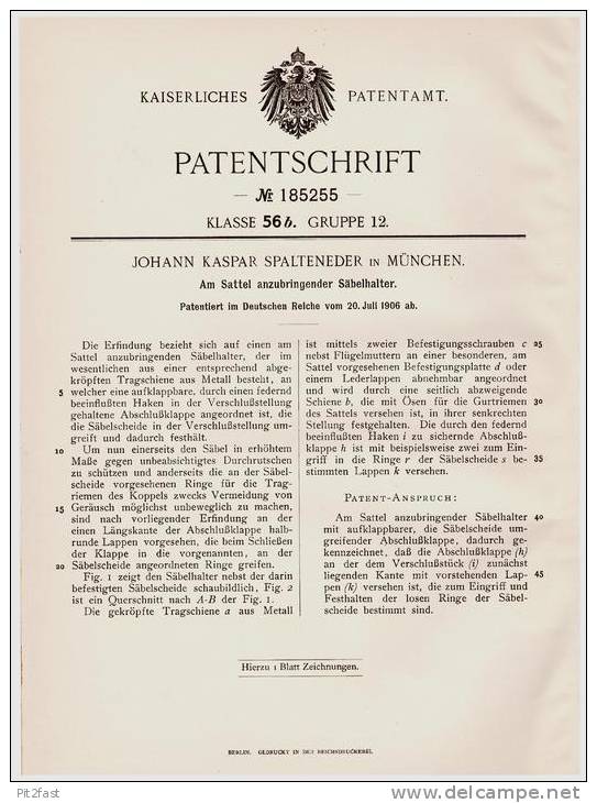 Original Patentschrift - Halter Für Säbel , Degen , Schwert , 1906 , J. Spalteneder In München !!! - Ausrüstung