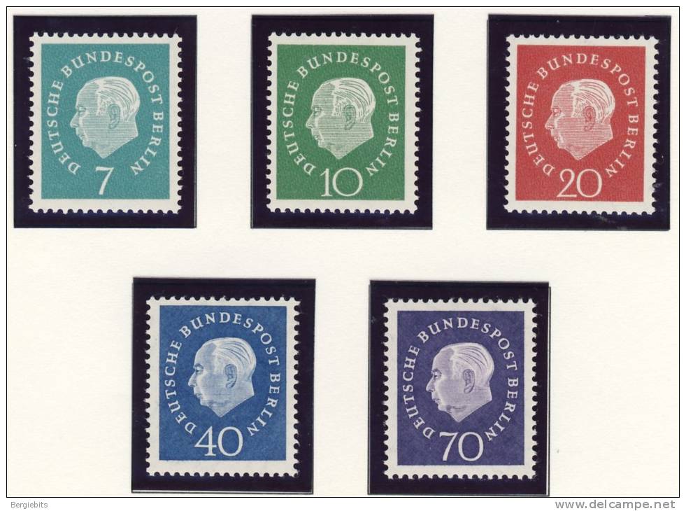 1959 Germany Berlin Complete MNH Heuss Definitives Set Of 5 Stamps - Unused Stamps