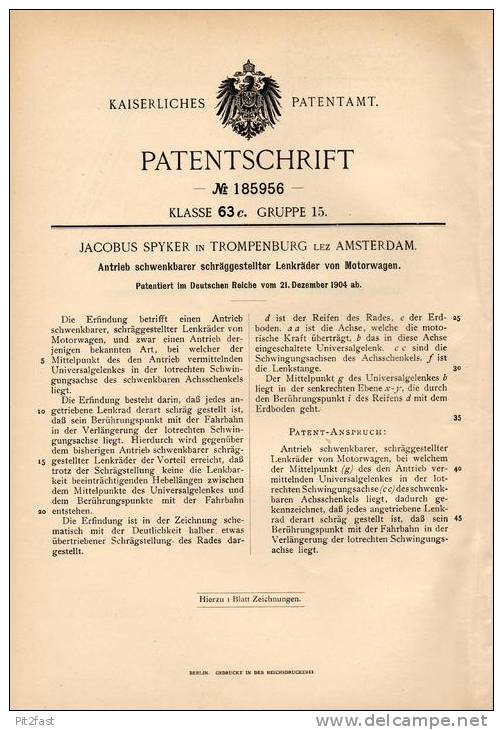 Original Patentschrift - Jacobus Spyker In Trompenburg Lez Amsterdam ,1904, Lenkrad - Antrieb Für Motorwagen , Automobil - KFZ