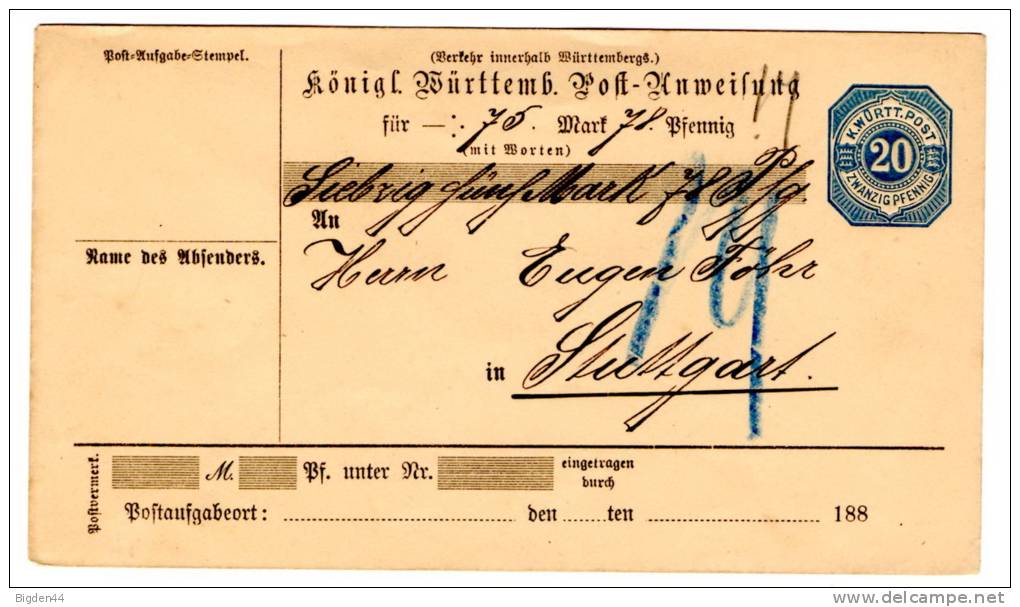 Post-Anweisung_Mandat Pour Stuttgart_Wurtenberg - Andere & Zonder Classificatie