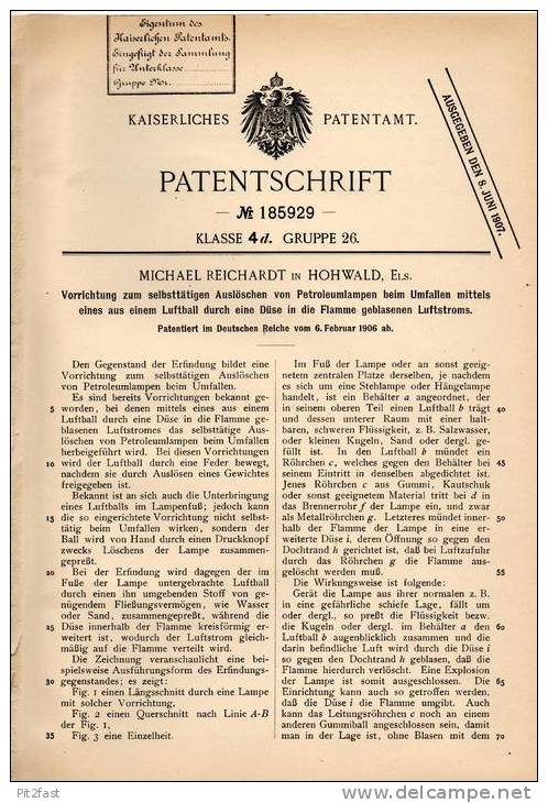 Original Patentschrift - M. Reichardt In Hohwald I. Elsass , 1906 , Petroleumlampen - Auslöscher !!! - Luminaires & Lustres