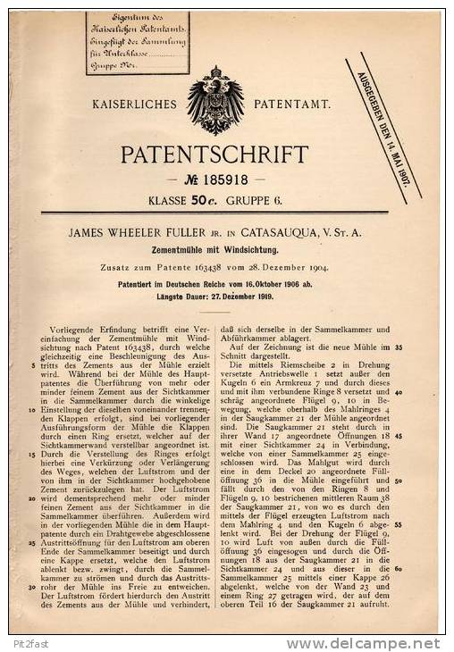 Original Patentschrift - J. Fuller In Catasauqua , USA , 1906 , Zementmühle , Zement , Cement !!! - Historische Dokumente