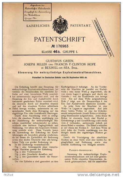 Original Patentschrift - G. Green In Bexhill On Sea , 1905 , Steuerung Für Explosionskraftmaschinen !!! - Tools