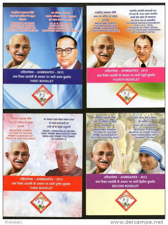 India 2012 AHIMSAPEX-2012 Father Of Nation Gandhi Nehru Mother Teresa J.R.D.Tata Ambedkar Non-Violence Set Of 4 Booklet - Mahatma Gandhi
