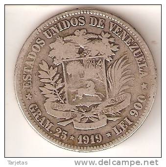 MONEDA DE PLATA DE VENEZUELA DEL AÑO 1919 DE BOLIVAR - 25 GRAMOS Y LE1 900  (COIN) SILVER,ARGENT. - Venezuela