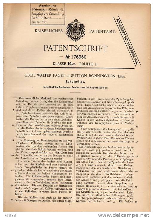 Original Patentschrift - Cecil Paget In Sutton Bonnington , England , 1905 , Lokomotive , Lok , Train !!! - Other & Unclassified