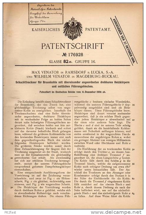 Original Patentschrift - M. Venator In Ramsdorf B. Lucka S.-A., 1904 , Schachttrockner Für Braunkohle , Tagebau !!! - Historische Dokumente