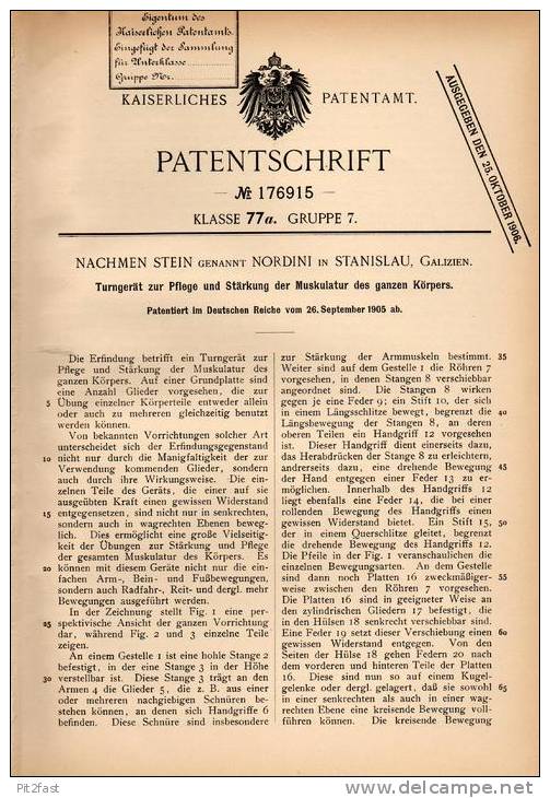 Original Patentschrift - N. Stein , Genannt Nordini In Stanislau ,1905, Turngerät Für Muskulatur - Stärkung , Kraftsport - Atletica