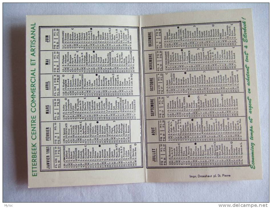 Calendrier. Etterbeek-Commerce. Meilleurs Voeux 1961. Sous Les Auspices De L´Echevinat Des Classes Moyennes Du Commerce. - Kleinformat : 1961-70