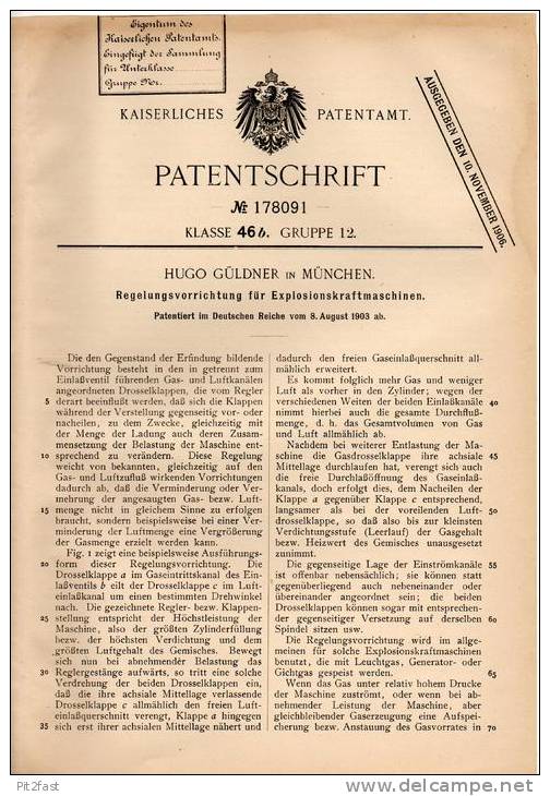 Original Patentschrift - Hugo Güldner In München , 1903 , Regelung Für Motoren , Explosionskraftmaschinen !!! - Tractors