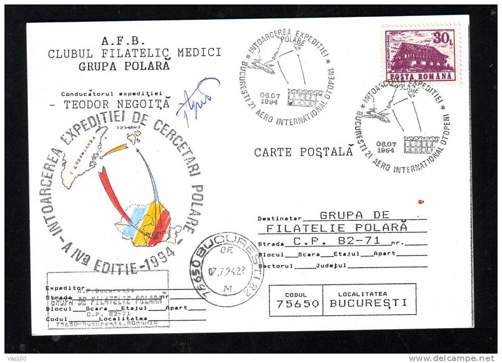 POLAR EXPLORER T. NEGOITA AUTOGRAFE,SIGNATURE ON POLAR CARD 1994 ROMANIA. - Explorateurs