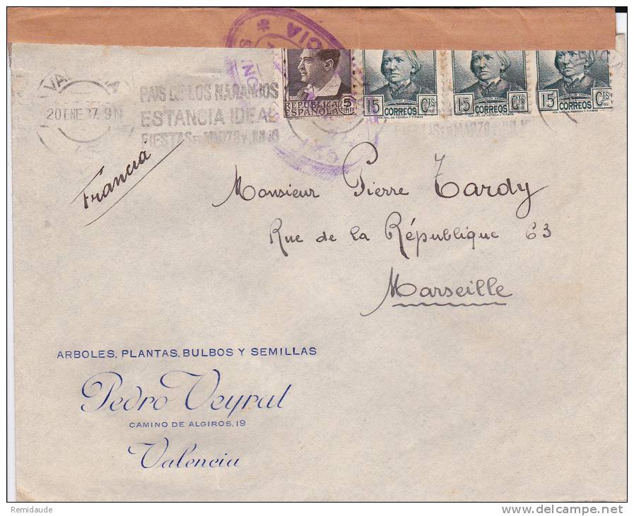 ESPAGNE - 1937 - ENVELOPPE De VALENCIA Avec CENSURE Pour MARSEILLE - Bolli Di Censura Repubblicana