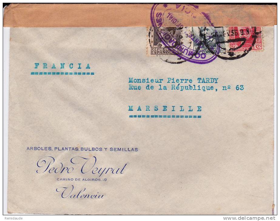 ESPAGNE - 1937 - ENVELOPPE De VALENCIA Avec CENSURE Pour MARSEILLE - Covers & Documents