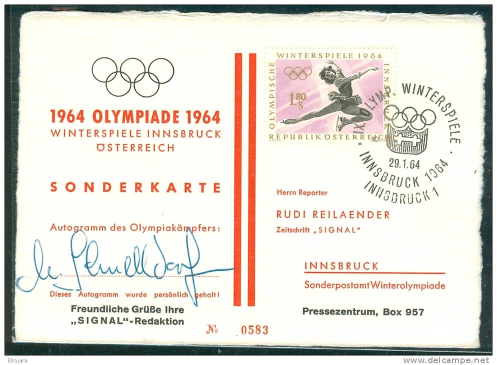 Austria Card With Olympic Stamp And Cancel With Signature Manfred Schnelldorfer Goldmedal Figure Skating - Winter 1964: Innsbruck