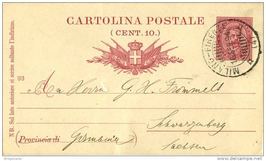 AF43 ANNULLI FERROVIARI - AMBULANTE MILANO-FIRENZE (4) Su Intero Anno 1894 SESTO FIORENTINO X La SASSONIA - GERMANIA - Stamped Stationery