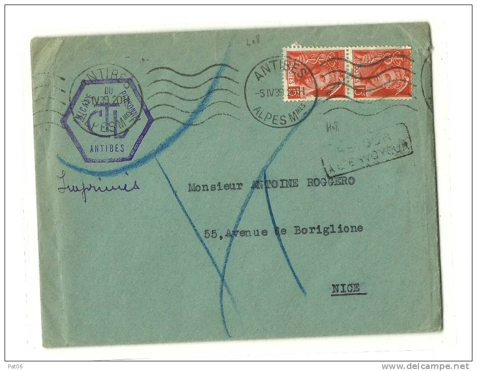 06 &ndash; Alpes Mmes   ANTIBES  Imprimé Intérieur Ordin. 1er Ech. - 20gr. - Sous Enveloppe Ouverte Tarif à 30c - 1938-42 Mercure