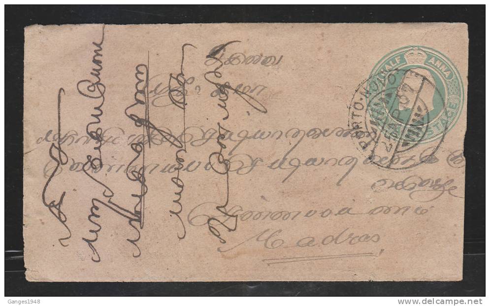 India 1907  KE 1/2A Postal Stationary Cover  PORTO - NOVA To Madras # 37360 Inde Indien - 1902-11 Koning Edward VII