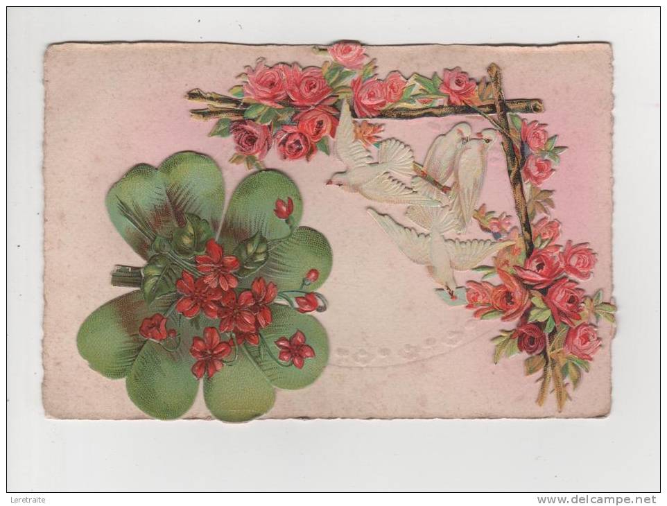 - Carte Postale Avec Découpi, "oiseaux Sur Branches Fleuris, Trèfle à 4 Feuilles Fleuri" - Sonstige & Ohne Zuordnung