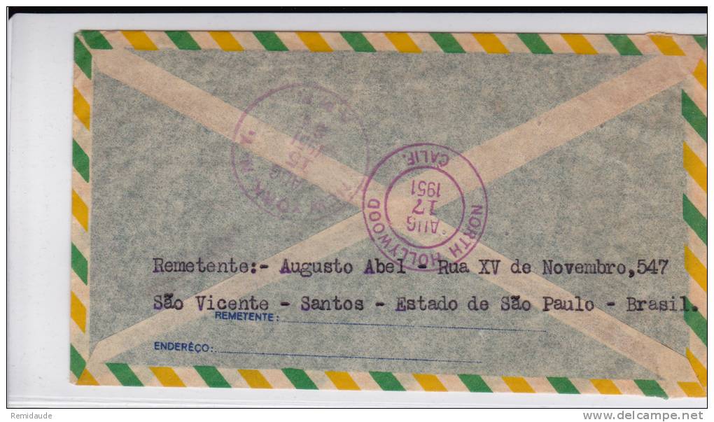 BRESIL - 1951 - ENVELOPPE Par AVION RECOMMANDEE De SAO VICENTE Pour La CALIFORNIE - Storia Postale