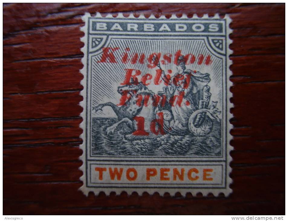 BARBADOS 1907 KINGSTON RELIEF FUND Issue RED Overprint NO STOP After "1d" Variety MINT. - Barbados (...-1966)