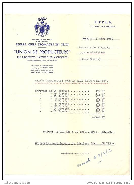 Factures, U.P.P.L.A. - Paris (75) - 1952 - Frais De Port : &euro; 1.55 - 1950 - ...