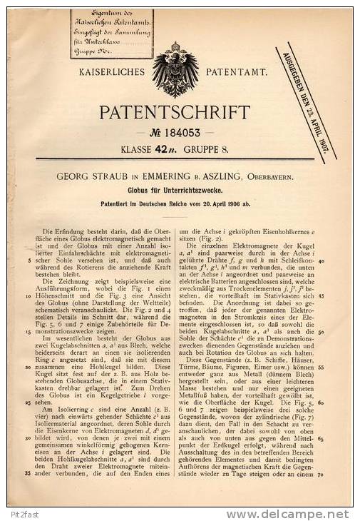 Original Patentschrift - G. Straub In Emmering B. Aßling , Oberbayern , 1906 , Globus Für Unterricht , Erdkunde , Schule - Historische Dokumente