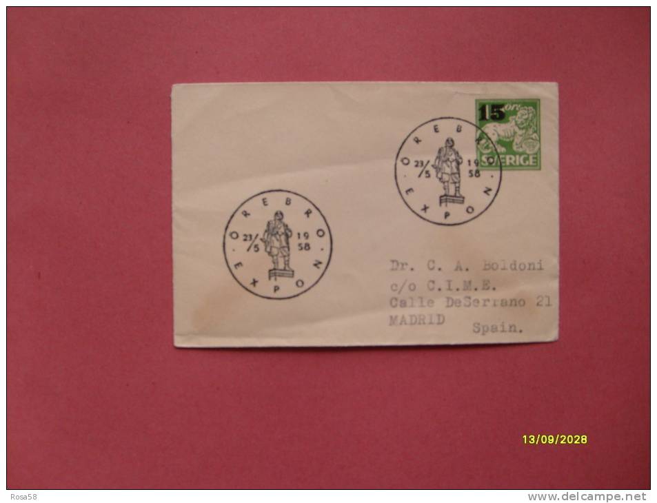 Sweden Sverige SVEZIA Annullo Speciale Su Lettera Postale 15 Ore Verde SOVRASTAMPATO 23.5.1958 - Briefe U. Dokumente