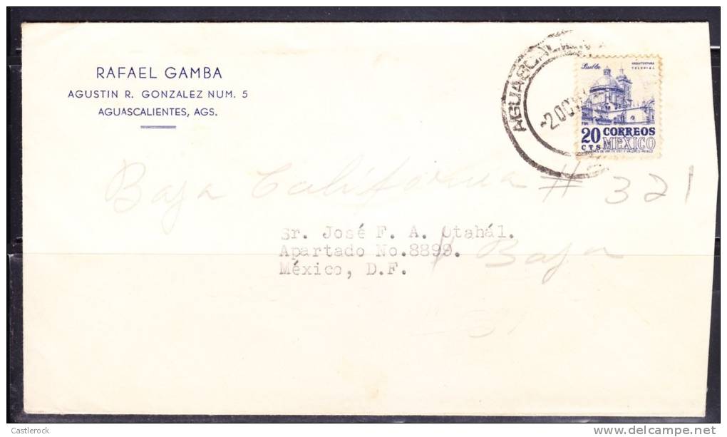 R)COMMERCIAL COVER 1950-52 AGUASCALIENTES TO MEXICO D.F. PUEBLA CATHEDRAL STAMP. - Mexico