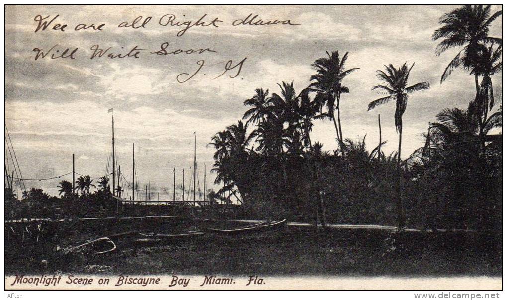 Miami Fl Moonloght Scene On Biscayne Bay 1905 Postcard - Miami