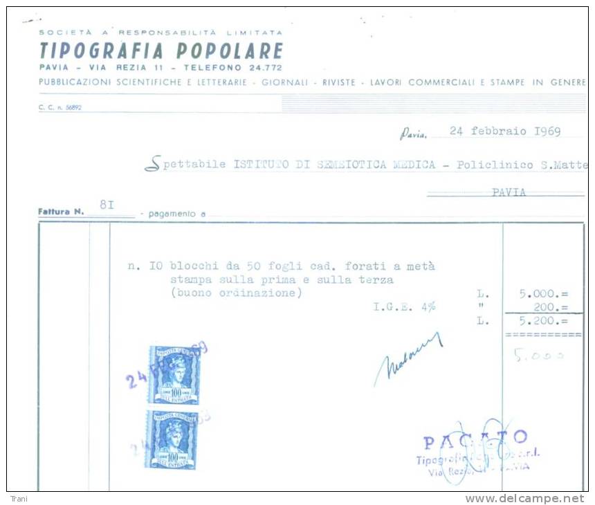 TIPOGRAFIA POPOLARE - PAVIA - Anno 1969 - Italia