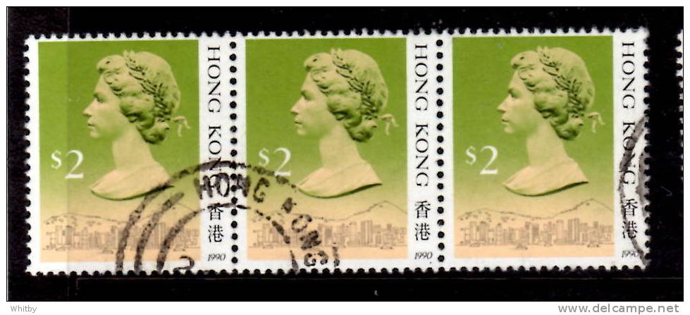 Hong Kong 1990 $2  Queen Elizabeth II Issue  #500a Triple - Used Stamps