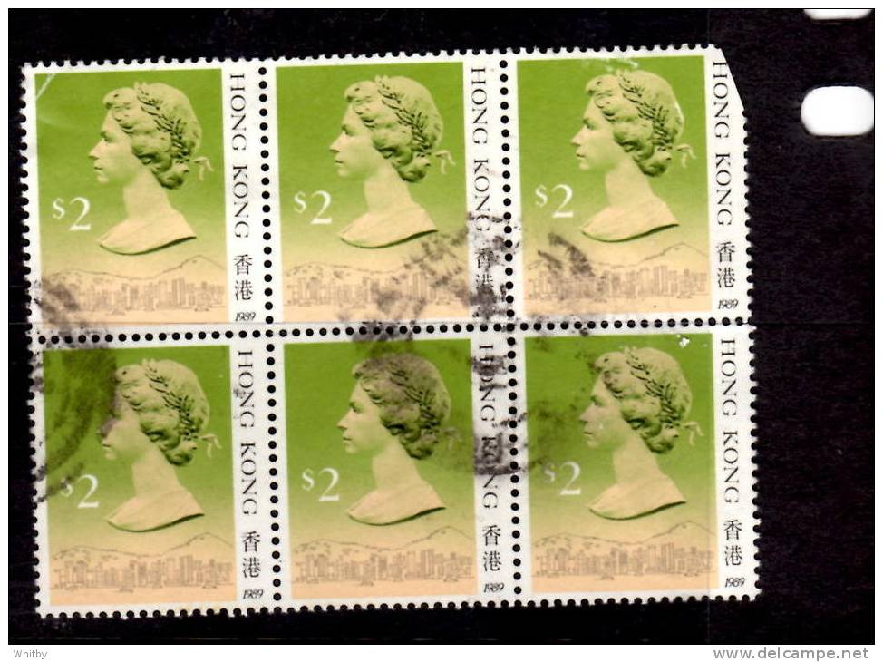 Hong Kong 1990 $2  Queen Elizabeth II Issue  #500a Block Of 6  Damaged - Used Stamps