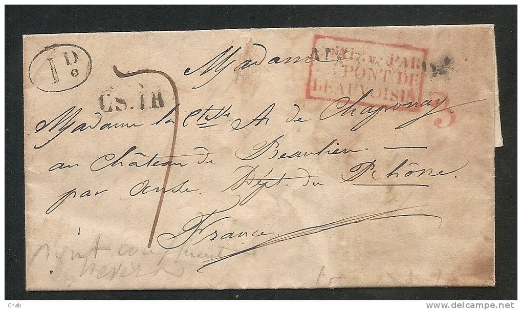 BELLE LETTRE - "ITALIE PAR PONT DE BEAUVOISIN" + 3 En Rouge - CS.IR - ID. Dans Un Cercle - Verso/  ANSE 30 JUILL. 1838 - 1801-1848: Precursors XIX