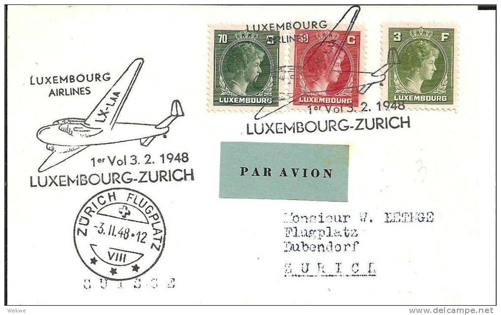 L073 /  LUXEMBURG -  Erstflug Nach Zürich 1948 Mit Flugzeug Im Sonderstempel - Storia Postale