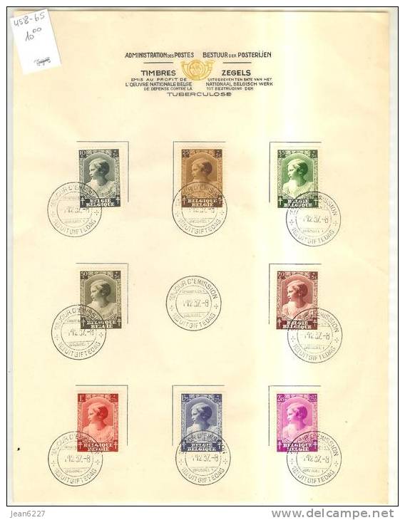 Antituberculeux 1937 - COB 458-465 Sur Document - ....-1951