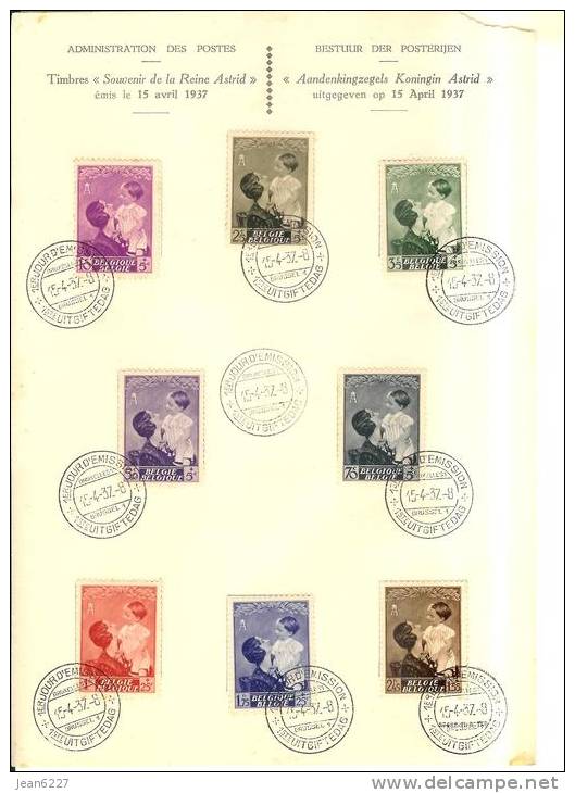 Reine Astrid 1937 - COB 447-454 Sur Document - ....-1951