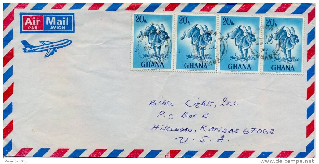 Ghana 1980 Cover To USA Franked With Strip Of Four Stamps Animal Cape Hare - Game