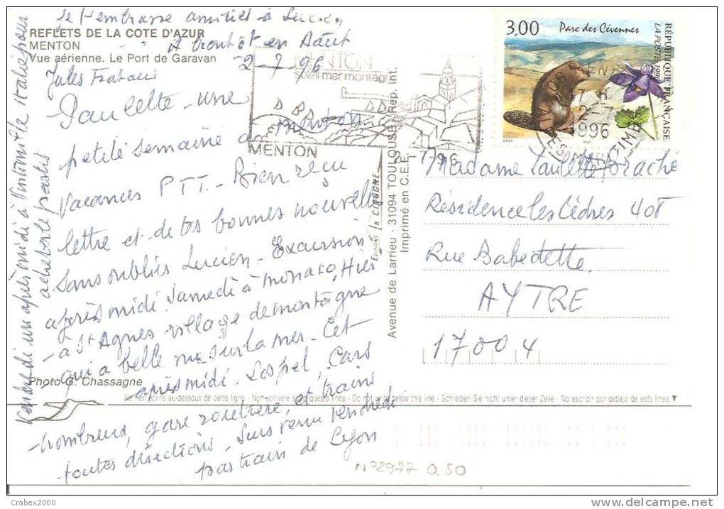 N°Y&T 2977  MENTON                 Vers     AYTRE Le   02 JUILLET 1996 - Lettres & Documents