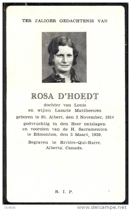 Doodsprentje Rosa D' Hoedt - St Albert 1914 - Rivière Qui Barre - Alberta Canada 1939 - Non Classés