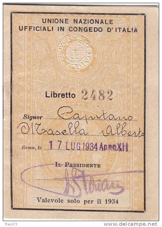 LIBRETTO-SCONTRINO Per Il 1934 /  3 Biglietti U.N.U.C.I. - Europe