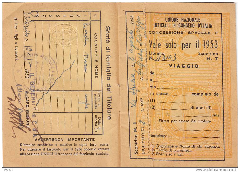 LIBRETTO-SCONTRINO Per Il 1953 /  6 Biglietti U.N.U.C.I. - Europa