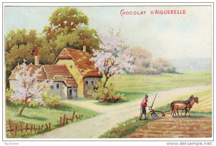 CHROMO Chocolat Aiguebelle Paysage Ferme Paysan Chevaux Charrue Labourage Papier Toilé - Aiguebelle