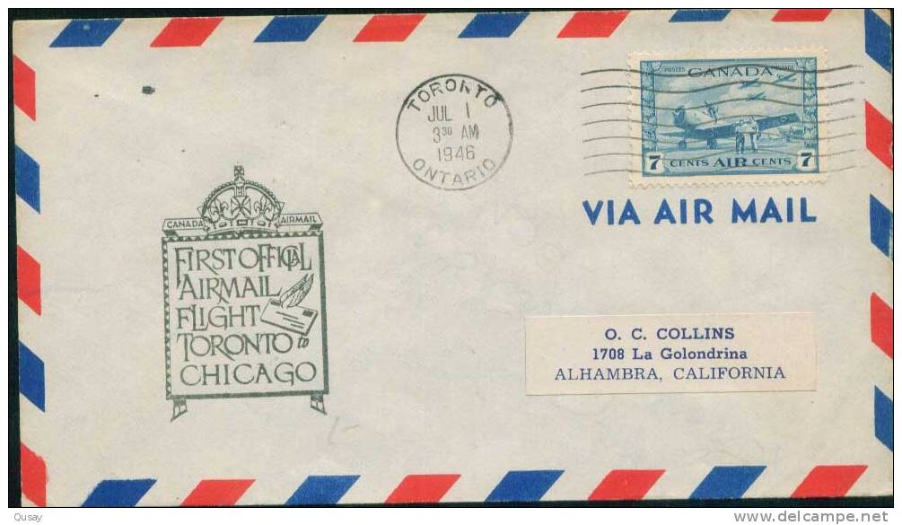 Airplane , First Official Airmail Flight Toronto To Chicago (with Arriving Potmark)  , Canada Used Cover 1942 - Covers & Documents