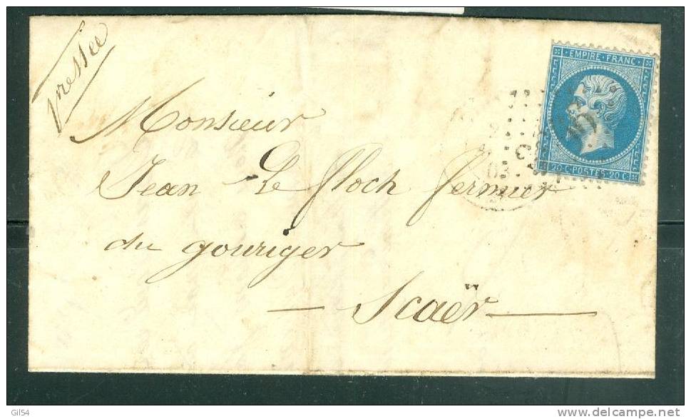 LETRE AFFRANCHIE Par Yvert N°22 Pour Scaer ( Dpt 29 ) Arrivée Cahet Facteur Boitier En 1863  AA14303 - 1849-1876: Période Classique