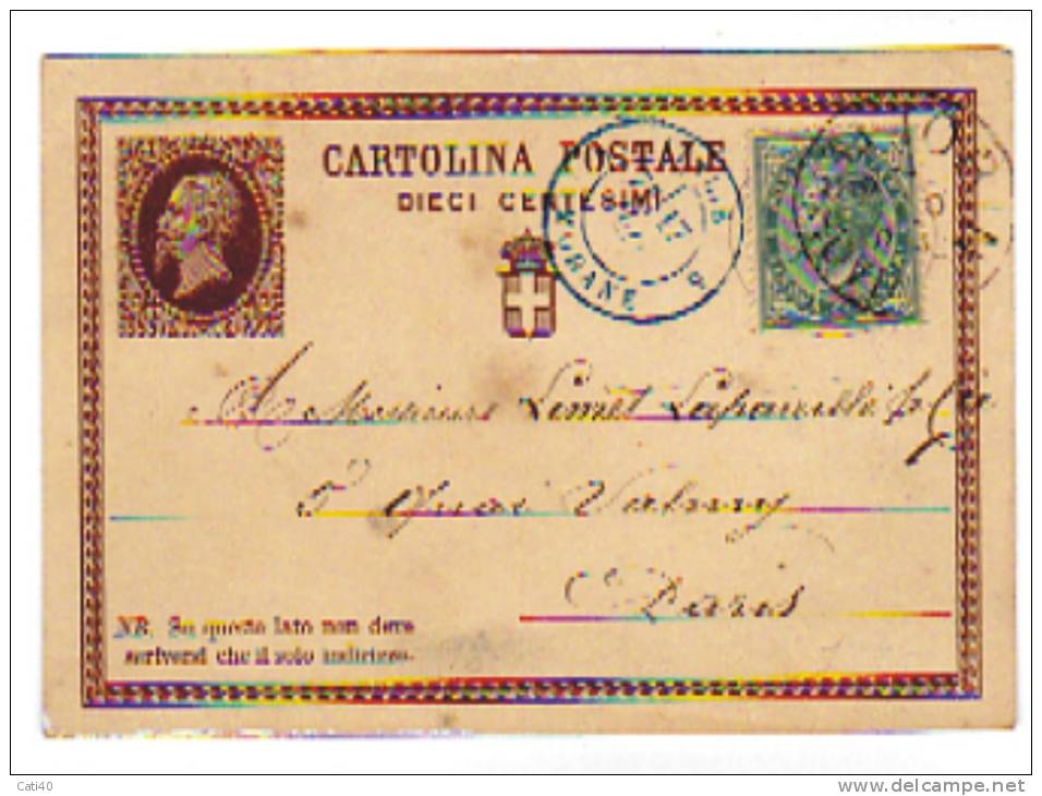 1877 - INTERO POSTALE N.1  + 5c.  DA  TORINO A PARIGI CON TIMBRO TRANSITO BLU DI MODANE - Entero Postal