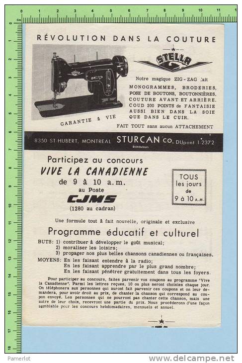 Publicité ( Machine à Coudre Stella Concour CJMS Montréal Quebec + Chanson Au Bord De La Rivière ) Publicity + Song - Partitions Musicales Anciennes