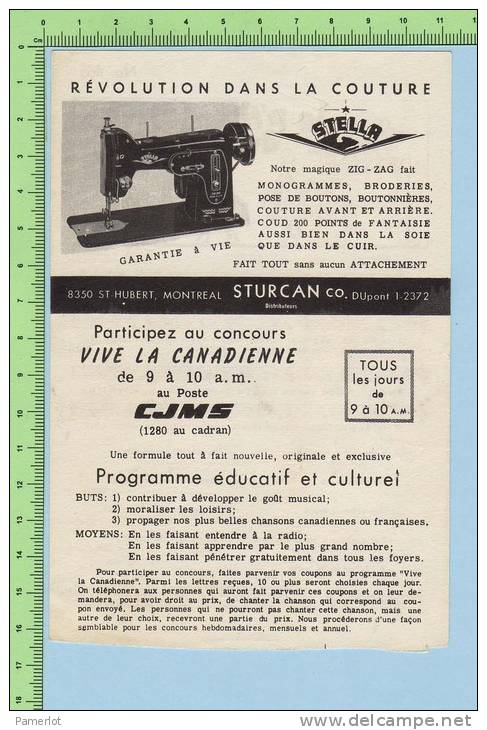 Publicité ( Machine à Coudre Stella Concour CJMS Montréal Quebec + Chanson Le P´tit Avocat ) Publicity + Song - Partitions Musicales Anciennes