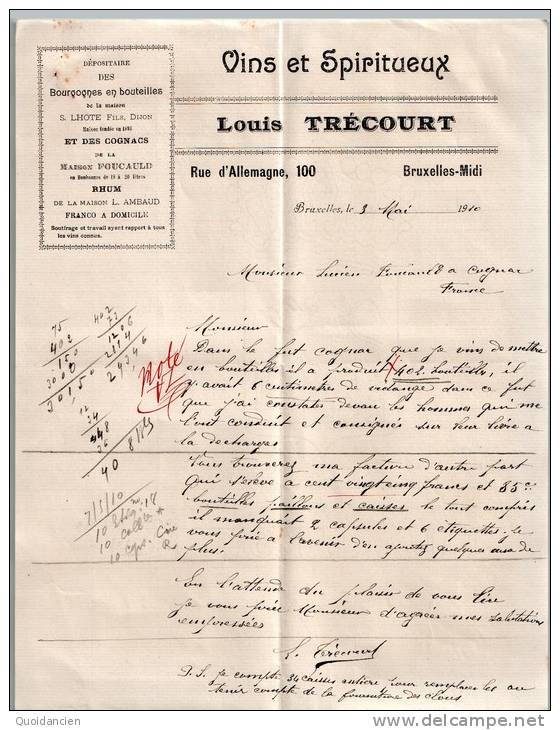 Entête  03/05/1910  -  BRUXELLES  ( Belgique )  -  Louis  TRECOURT  -  Bourgogne En  Bouteilles  -  Cognacs  -  Rhum - ... - 1799